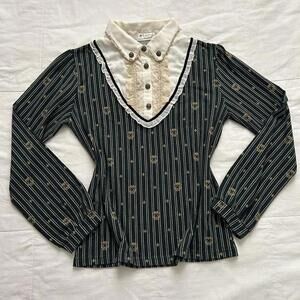 Axes Femme green striped blouse with lace detail layered look collar and buttons